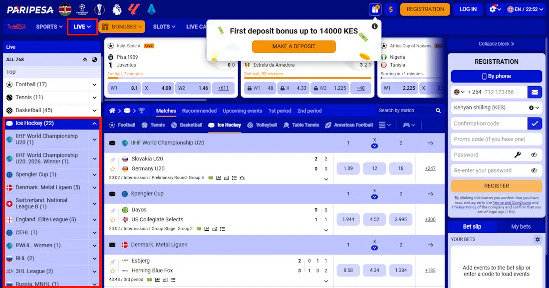 Paripesa Hockey Live Betting Screenshot